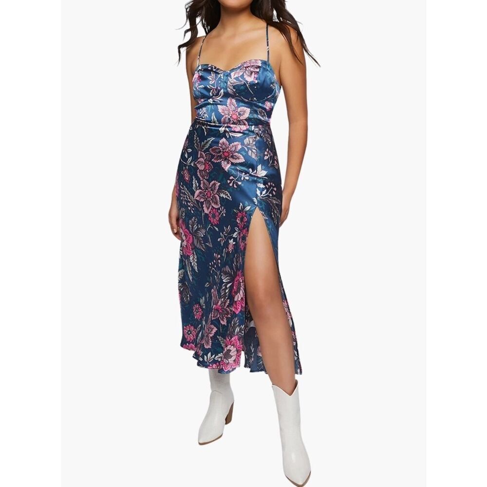 Forever 21 Blue Floral Satin Slip Midi Dress with Pink Blooms
